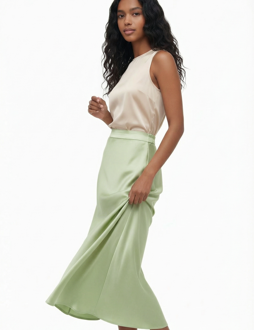 Silk bias skirt in lime