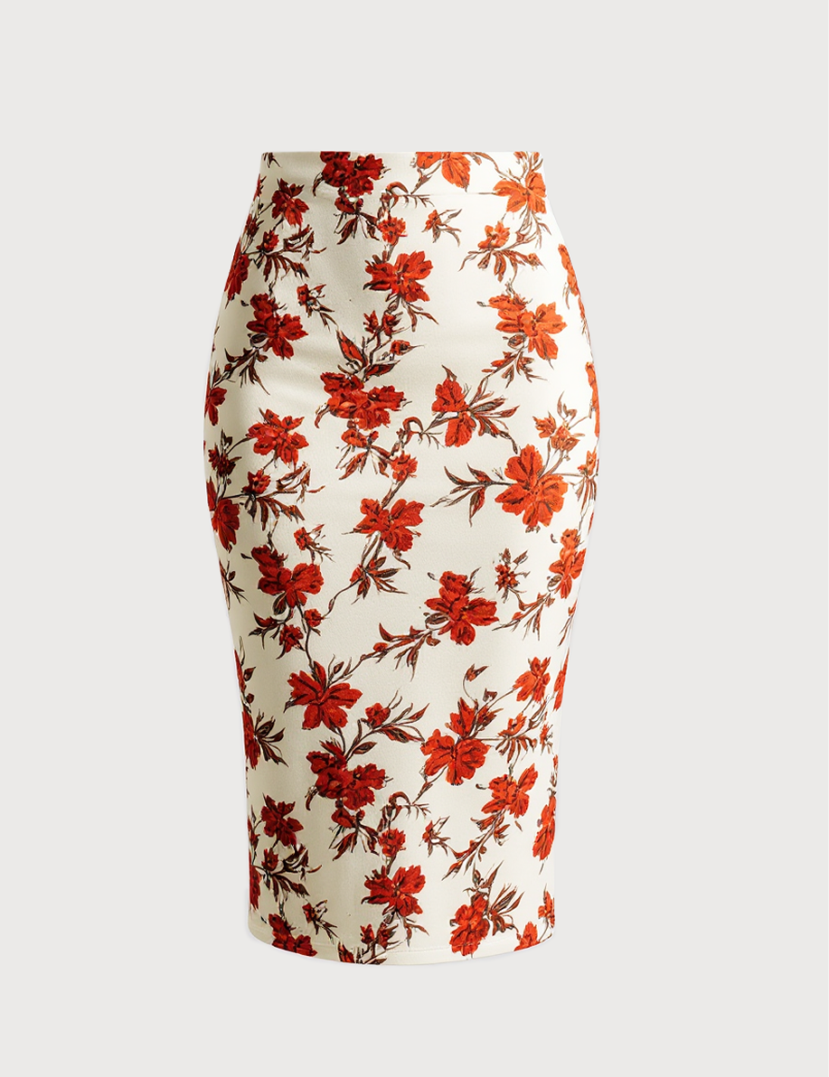 Floral pencil skirt in red