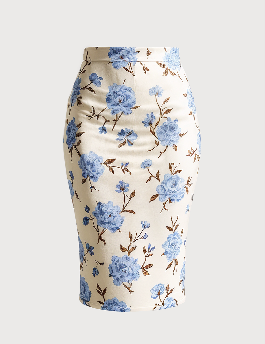 Floral pencil skirt in light blue