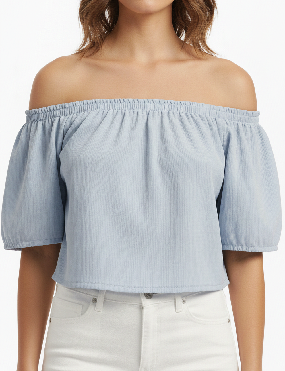 Off-shoulder top in light blue
