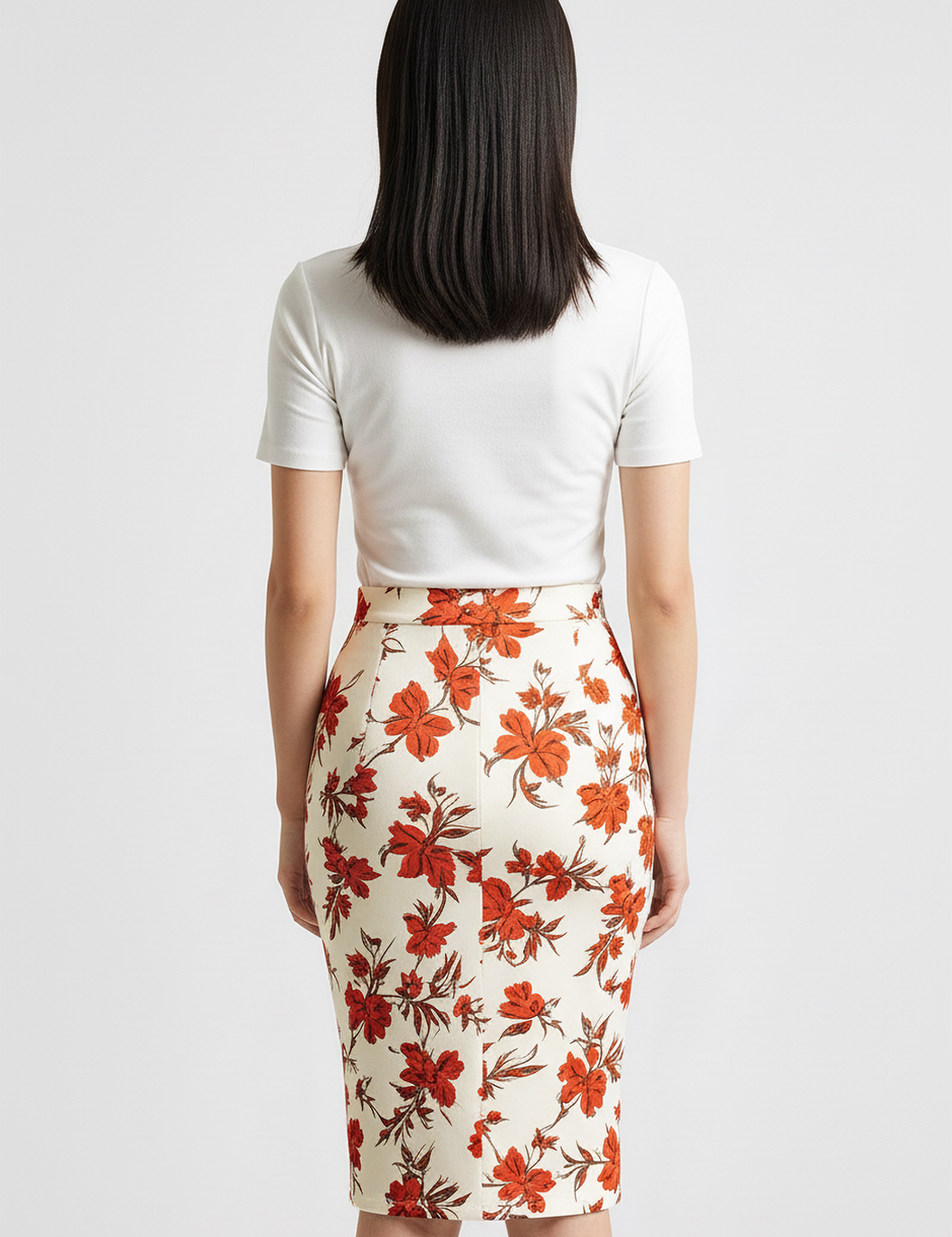 Floral pencil skirt in red